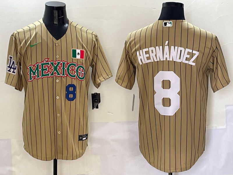 Men Los Angeles Dodgers #8 Hernandez Brown Stripe Mexico Joint Name 2025 Nike MLB Jersey style 9